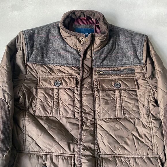 Cole Haan Jacket Men Large Quilted Brown Gray Wool Yoke Utility Pockets Winter - Picture 2 of 8